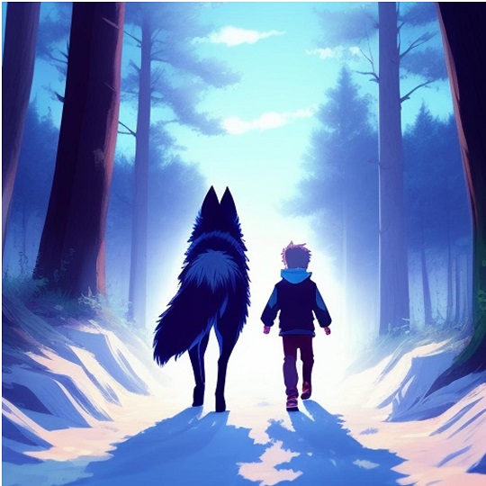 Grimm and the Reaper cover. Boy walks away from camera with a huge wolf beside him.